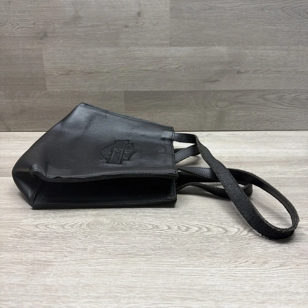 Vintage Harley Davidson Black Embroidered Leather Shoulder Bag Purse Tote
